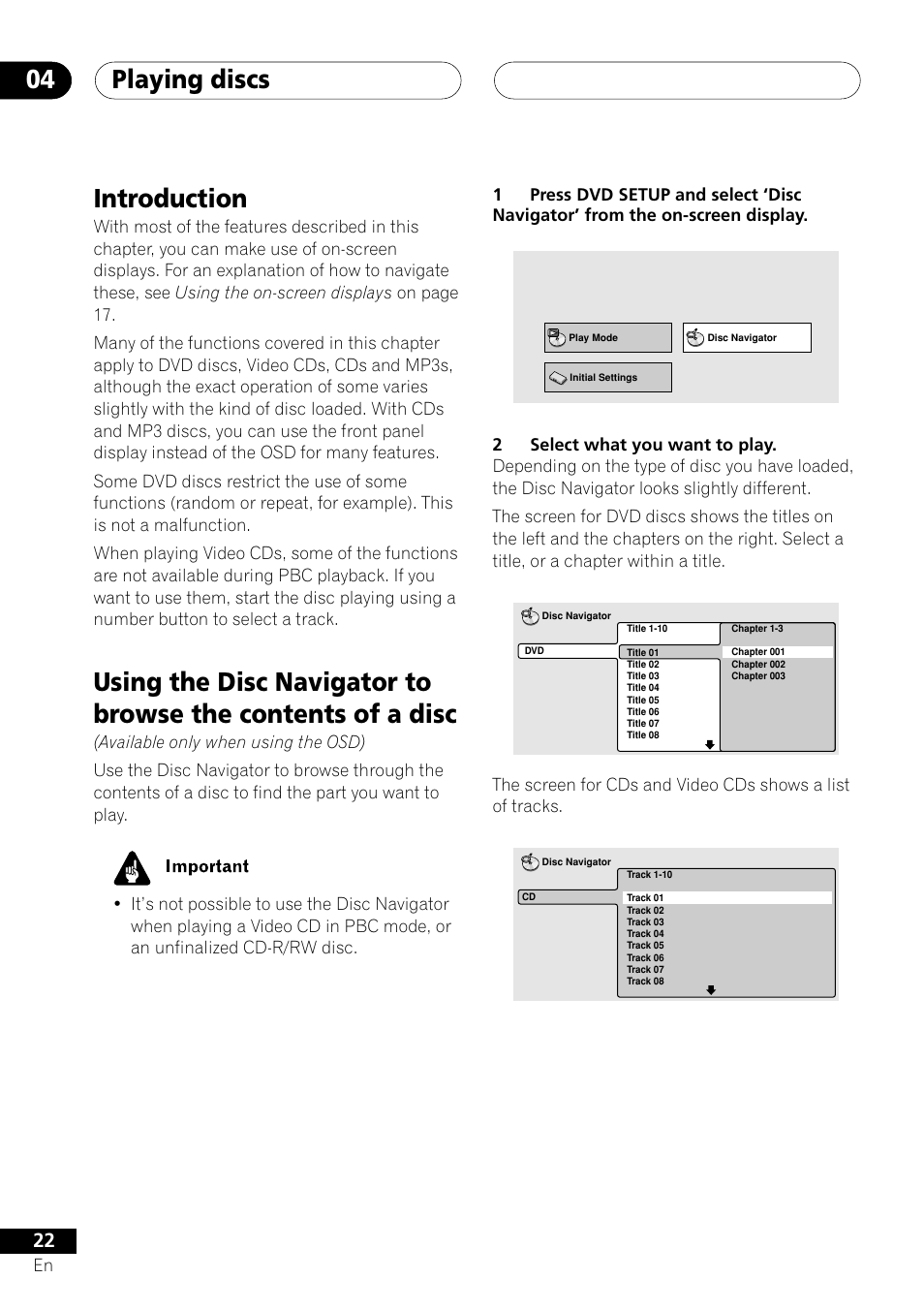 Playing discs 04, Introduction | Pioneer XV-DV505 User Manual | Page 22 / 76