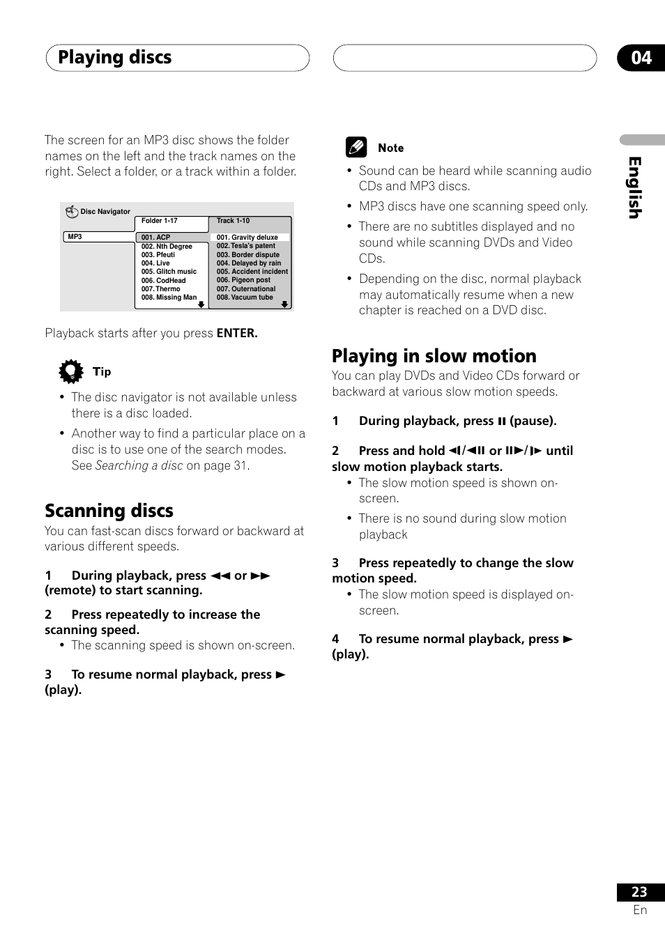 Scanning discs playing in slow motion, Playing discs 04, Scanning discs | Playing in slow motion, English | Pioneer XV-DV505 User Manual | Page 23 / 76