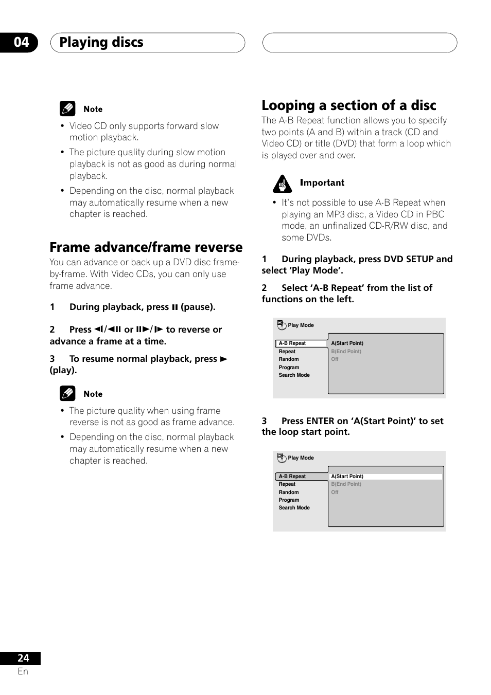 Playing discs 04, Frame advance/frame reverse | Pioneer XV-DV505 User Manual | Page 24 / 76