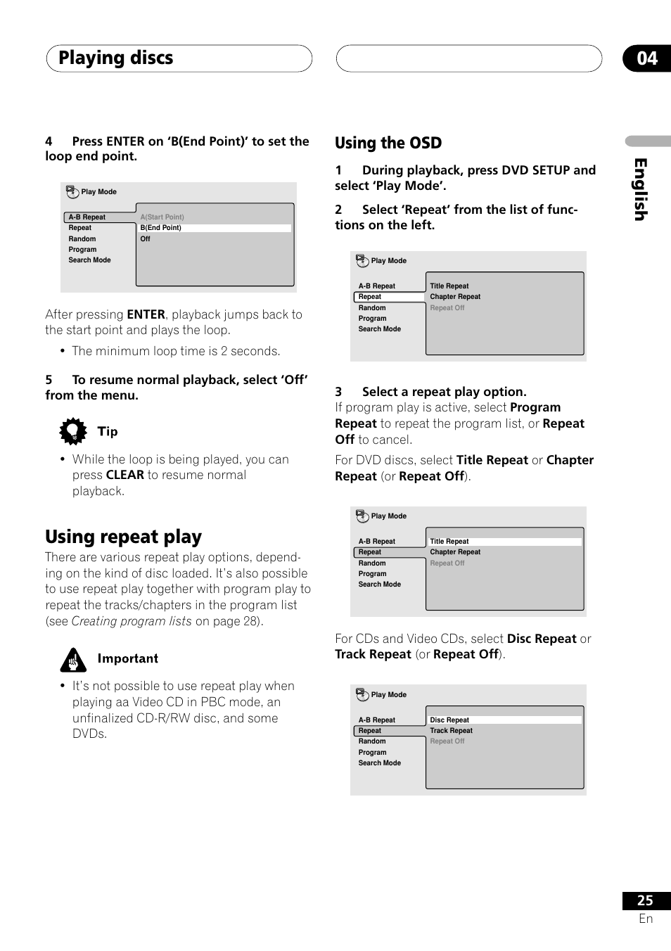 Using repeat play, Using the osd, Playing discs 04 | English | Pioneer XV-DV505 User Manual | Page 25 / 76