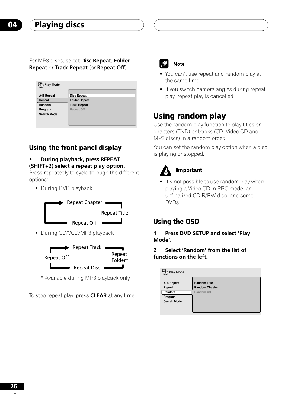 Using the front panel display, Using random play, Using the osd | Playing discs 04 | Pioneer XV-DV505 User Manual | Page 26 / 76