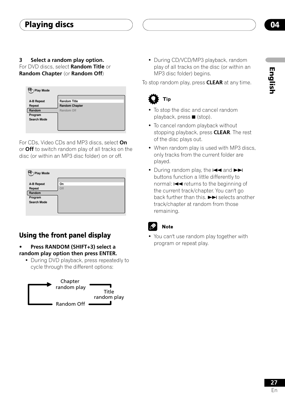 Using the front panel display, Playing discs 04, English | Pioneer XV-DV505 User Manual | Page 27 / 76