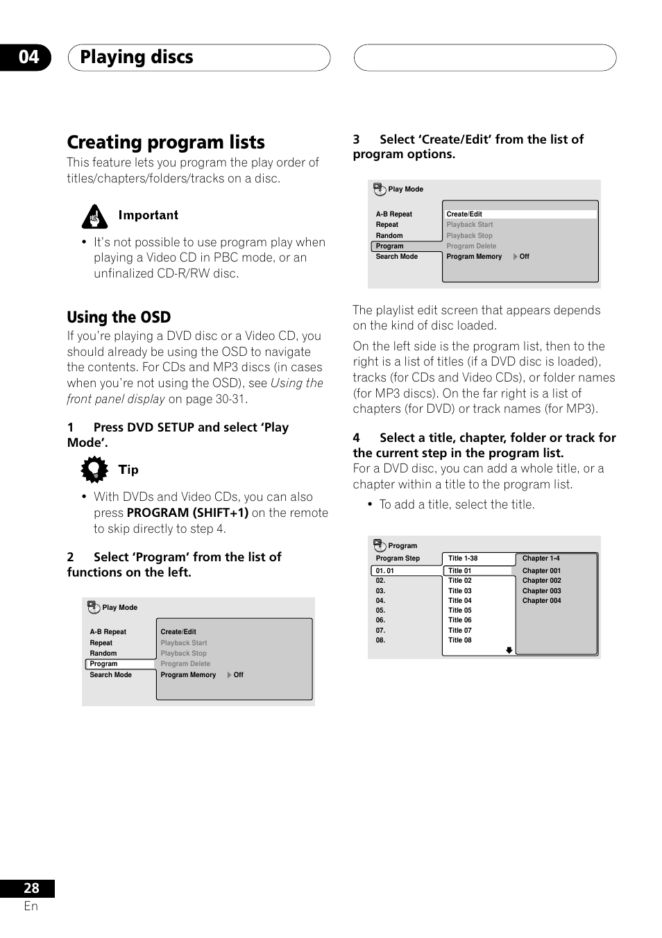 Creating program lists, Using the osd, Playing discs 04 | Pioneer XV-DV505 User Manual | Page 28 / 76