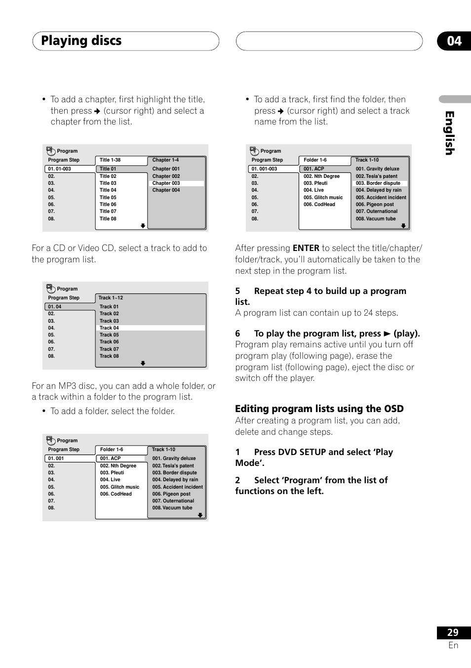 Editing program lists using the osd, Playing discs 04, English | Pioneer XV-DV505 User Manual | Page 29 / 76