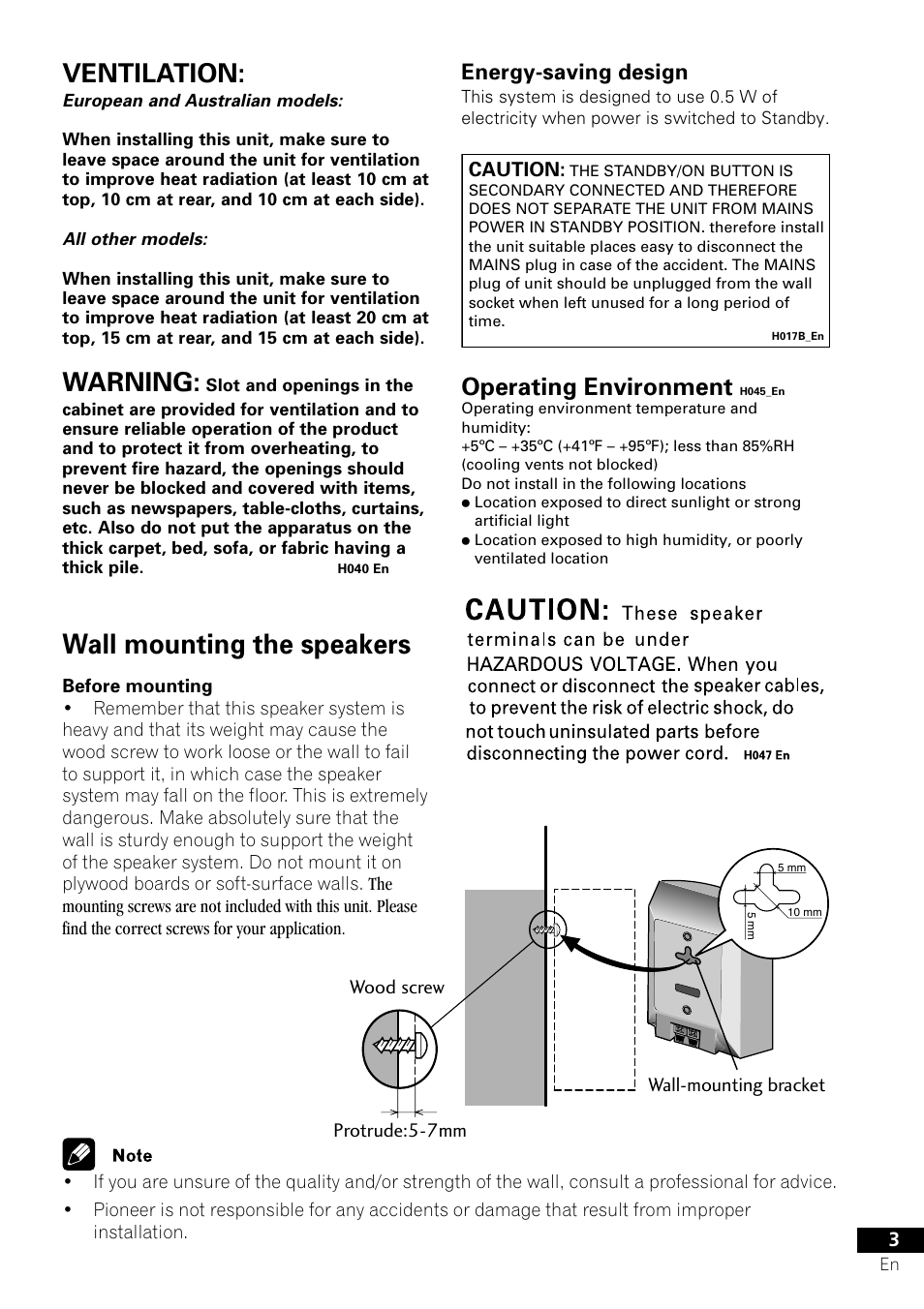 Wall mounting the speakers, Ventilation, Warning | Operating environment, Energy-saving design | Pioneer XV-DV505 User Manual | Page 3 / 76