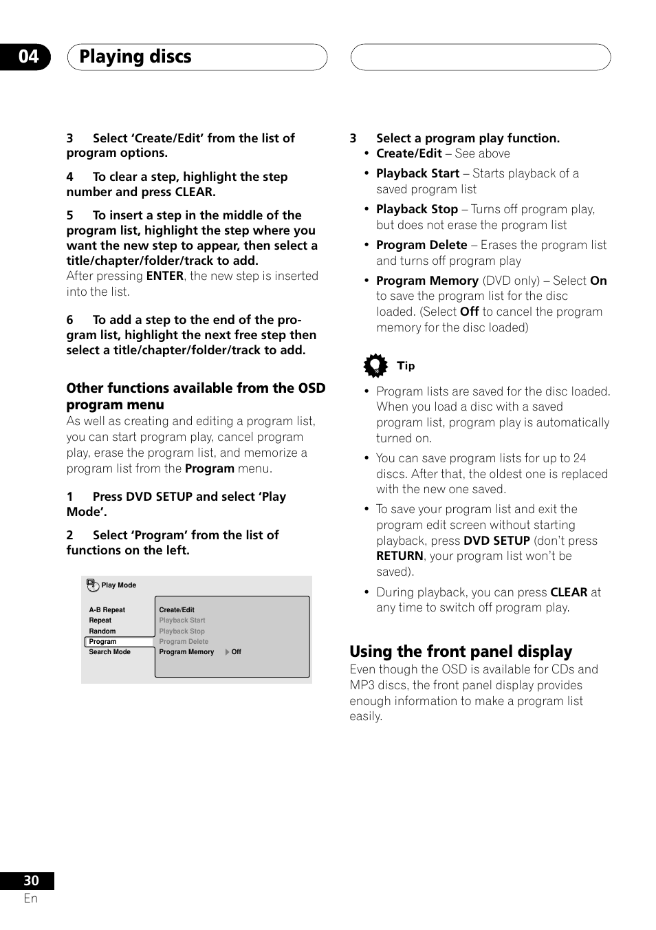 Using the front panel display, Playing discs 04 | Pioneer XV-DV505 User Manual | Page 30 / 76