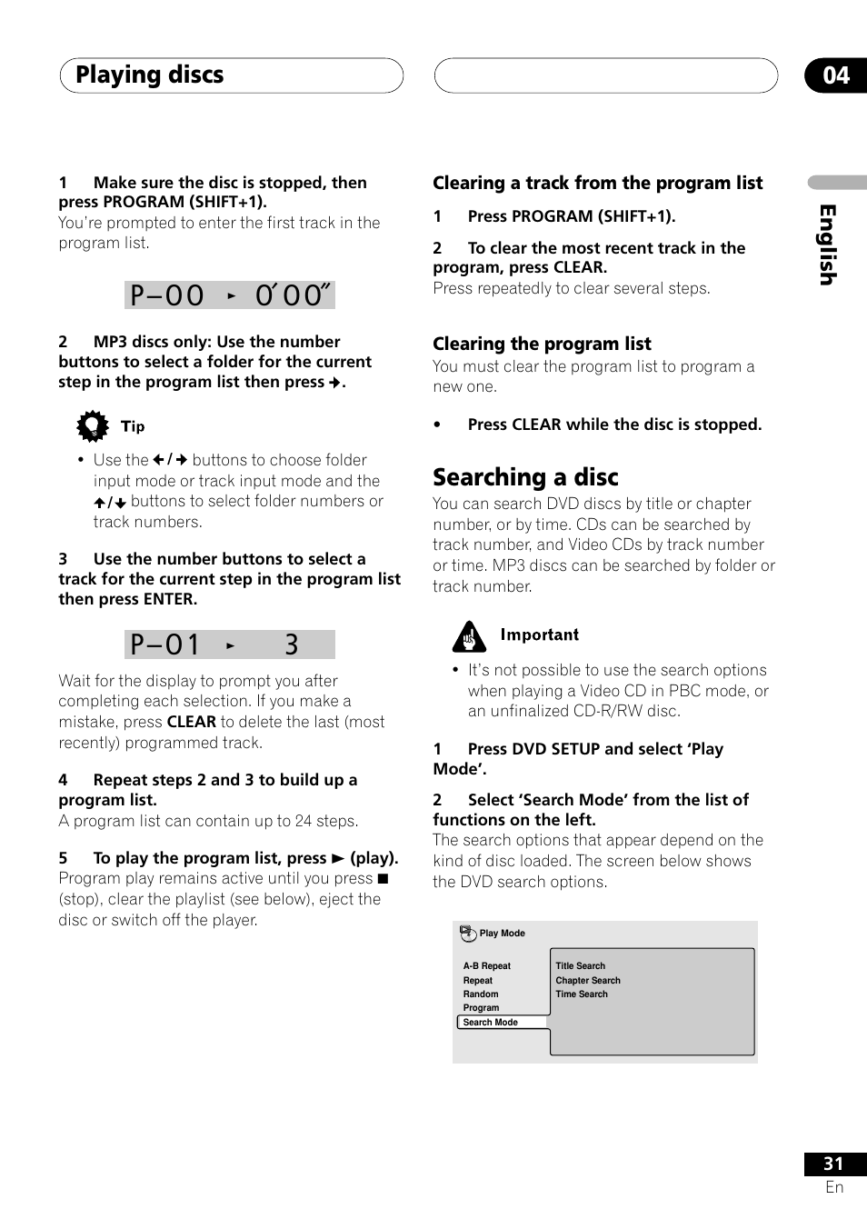 Searching a disc, P – o o, O o o | P – o 1, Playing discs 04, English | Pioneer XV-DV505 User Manual | Page 31 / 76