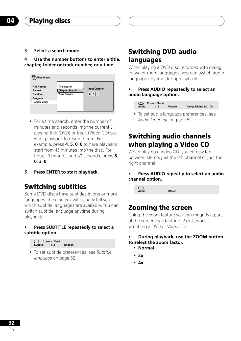 Playing discs 04, Switching subtitles, Switching dvd audio languages | Switching audio channels when playing a video cd, Zooming the screen | Pioneer XV-DV505 User Manual | Page 32 / 76