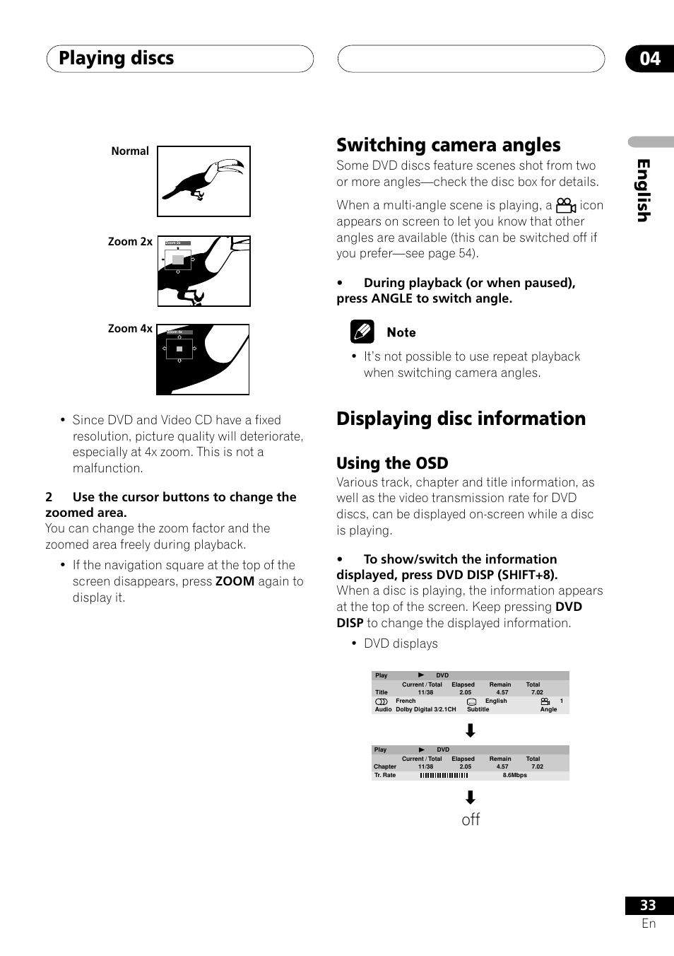 Using the osd, Playing discs 04, Switching camera angles | Displaying disc information, English | Pioneer XV-DV505 User Manual | Page 33 / 76