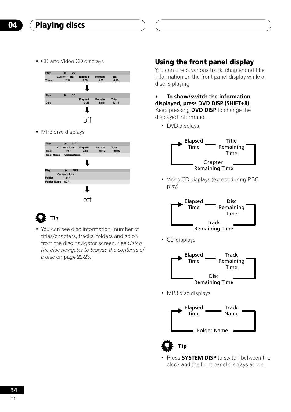 Using the front panel display, Playing discs 04, En • cd and video cd displays | Mp3 disc displays, Video cd displays (except during pbc play), Cd displays | Pioneer XV-DV505 User Manual | Page 34 / 76