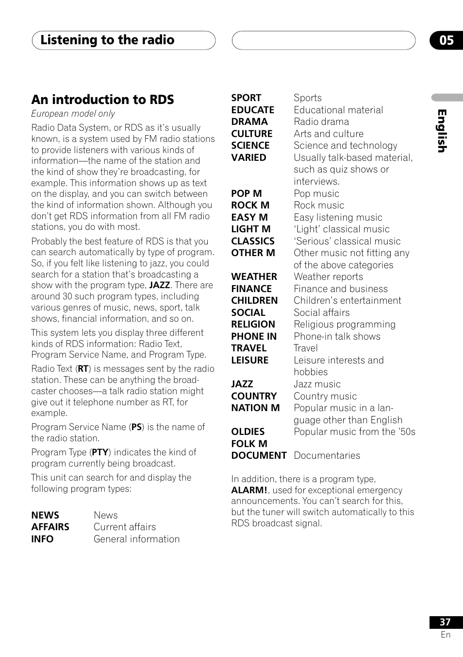 An introduction to rds, Listening to the radio 05 | Pioneer XV-DV505 User Manual | Page 37 / 76