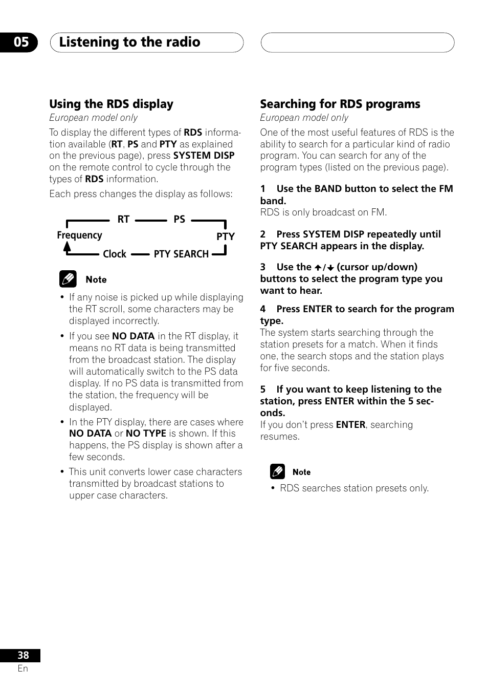Using the rds display searching for rds programs, Listening to the radio 05, Using the rds display | Searching for rds programs | Pioneer XV-DV505 User Manual | Page 38 / 76