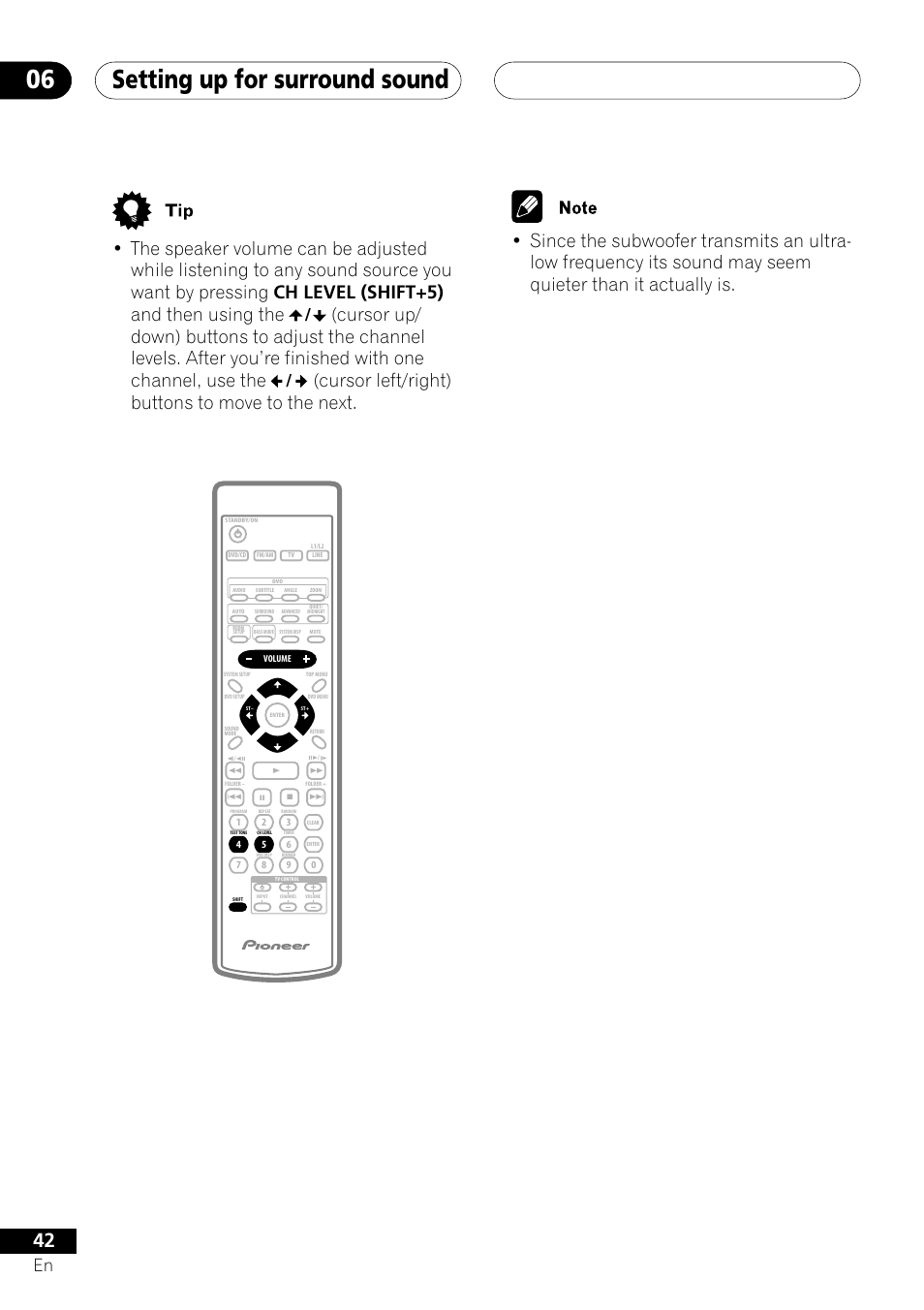 Setting up for surround sound 06, Cursor left/right) buttons to move to the next | Pioneer XV-DV505 User Manual | Page 42 / 76