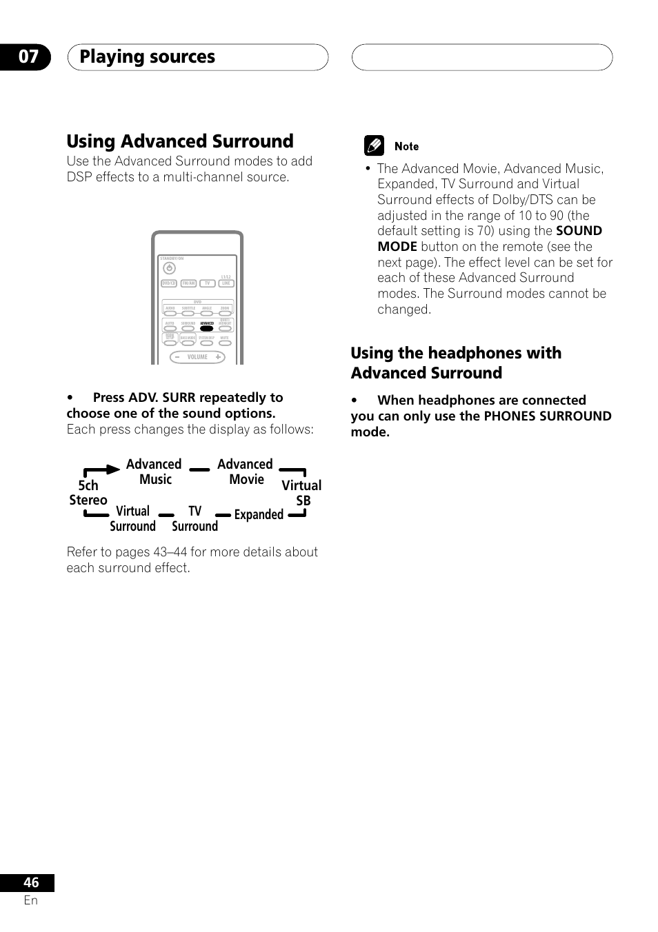 Using advanced surround, Using the headphones with advanced surround, Playing sources 07 | Pioneer XV-DV505 User Manual | Page 46 / 76
