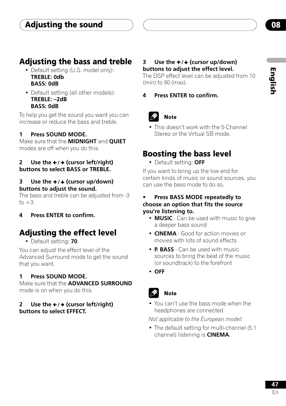 Adjusting the sound 08, Adjusting the bass and treble, Adjusting the effect level | Boosting the bass level | Pioneer XV-DV505 User Manual | Page 47 / 76