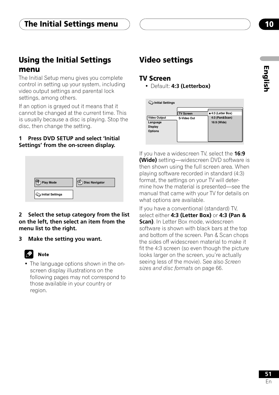 Using the initial settings menu video settings, Tv screen, The initial settings menu 10 | Video settings, Using the initial settings menu, English | Pioneer XV-DV505 User Manual | Page 51 / 76