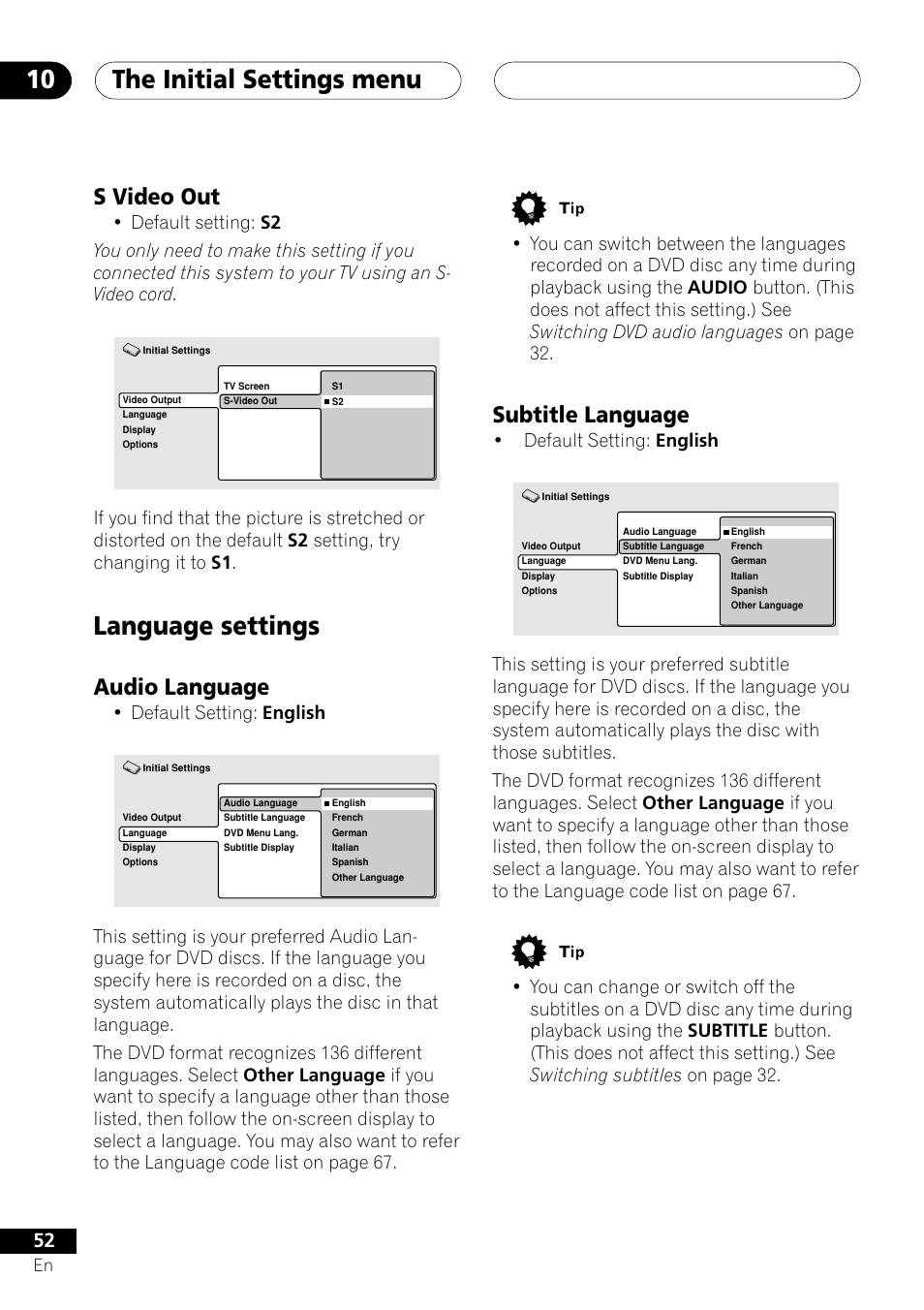 S video out, Language settings, Audio language subtitle language | The initial settings menu 10, Subtitle language, Audio language, Default setting: english | Pioneer XV-DV505 User Manual | Page 52 / 76