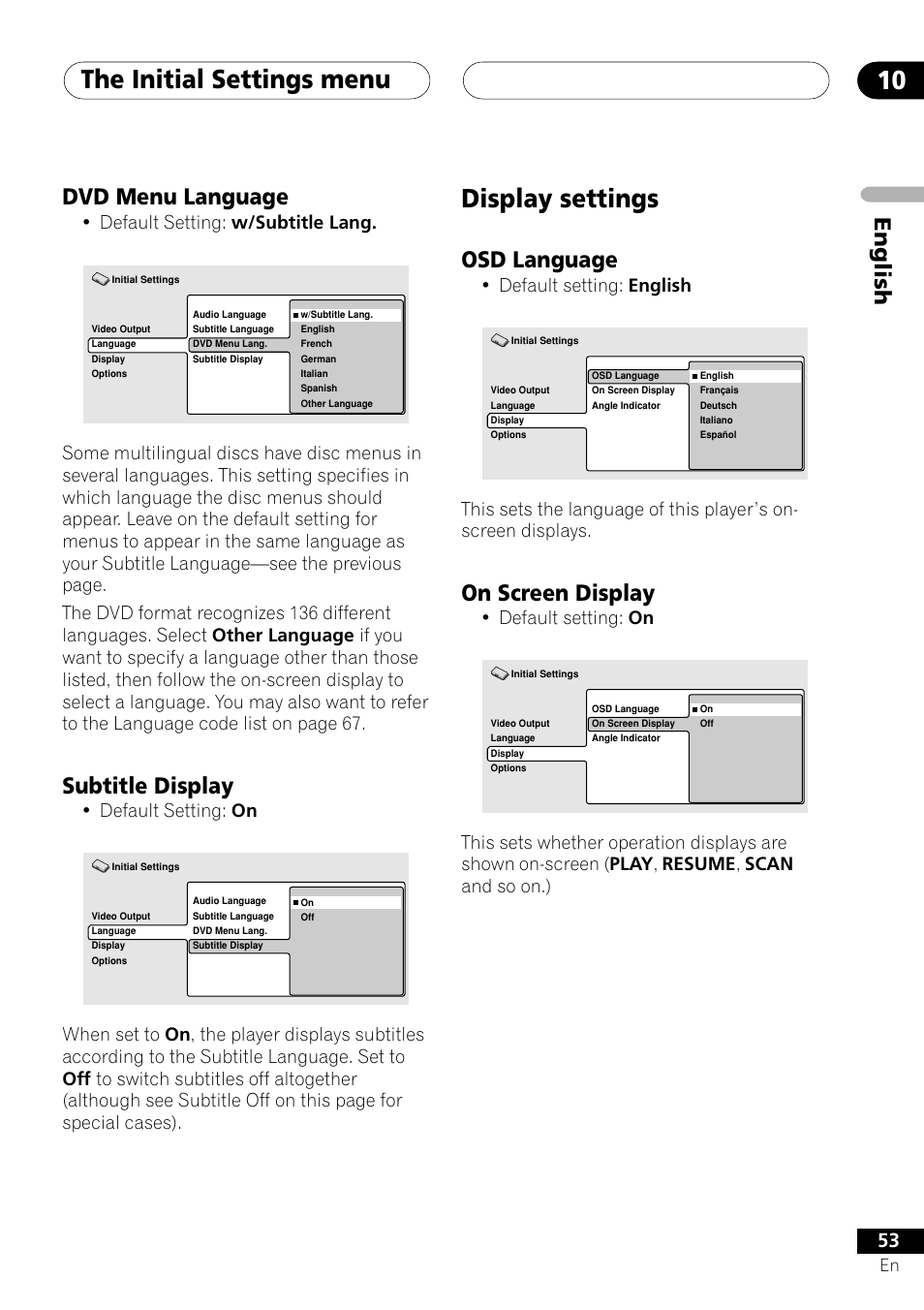 Dvd menu language subtitle display, Display settings, Osd language on screen display | The initial settings menu 10, English, Osd language, On screen display, Dvd menu language, Subtitle display, Default setting: english | Pioneer XV-DV505 User Manual | Page 53 / 76