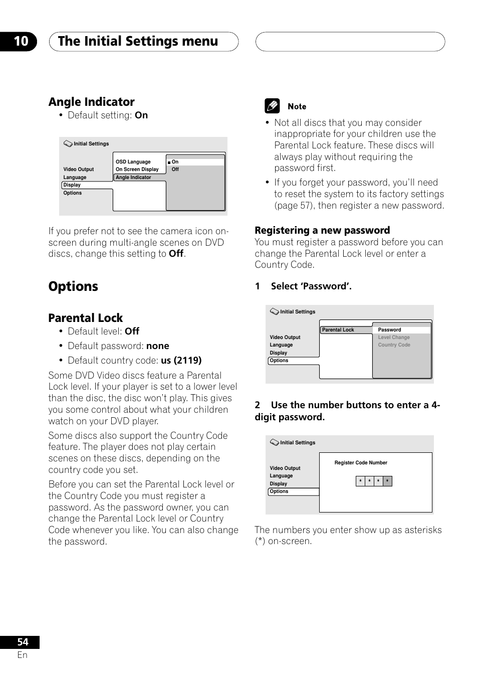 Angle indicator, Options, Parental lock | Registering a new password, The initial settings menu 10 | Pioneer XV-DV505 User Manual | Page 54 / 76
