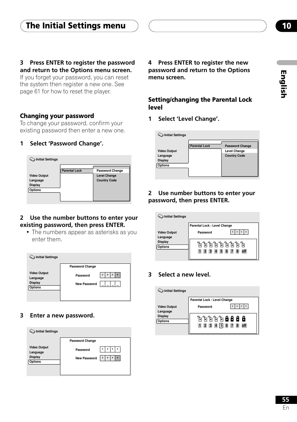 The initial settings menu 10, English, Setting/changing the parental lock level | Changing your password, 1select ‘level change, 3select a new level, 3enter a new password | Pioneer XV-DV505 User Manual | Page 55 / 76