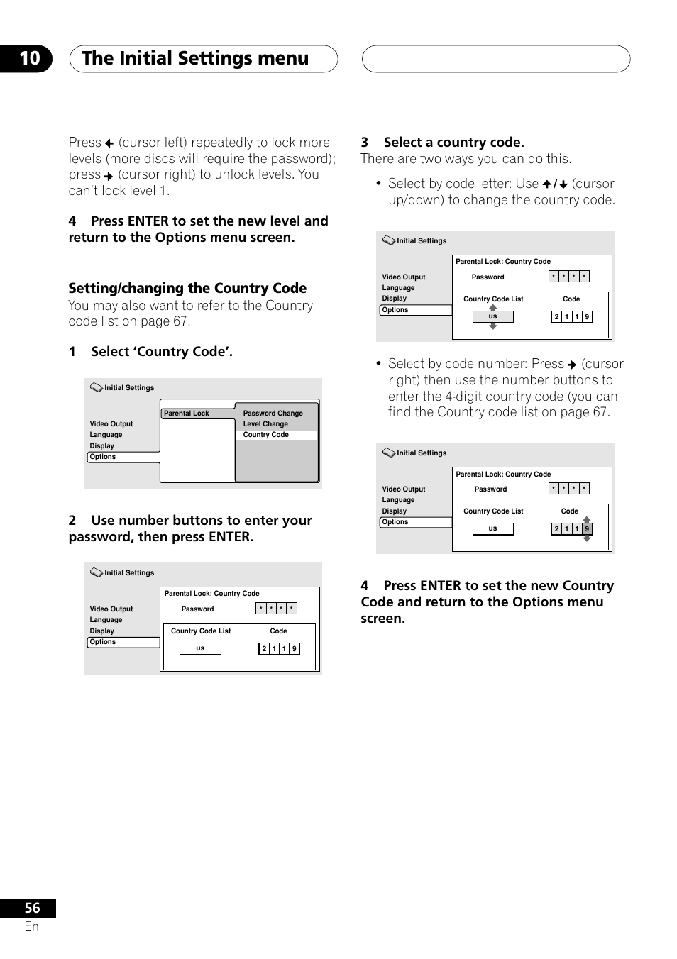 Setting/changing the country code, The initial settings menu 10, Cursor up/down) to change the country code | Pioneer XV-DV505 User Manual | Page 56 / 76