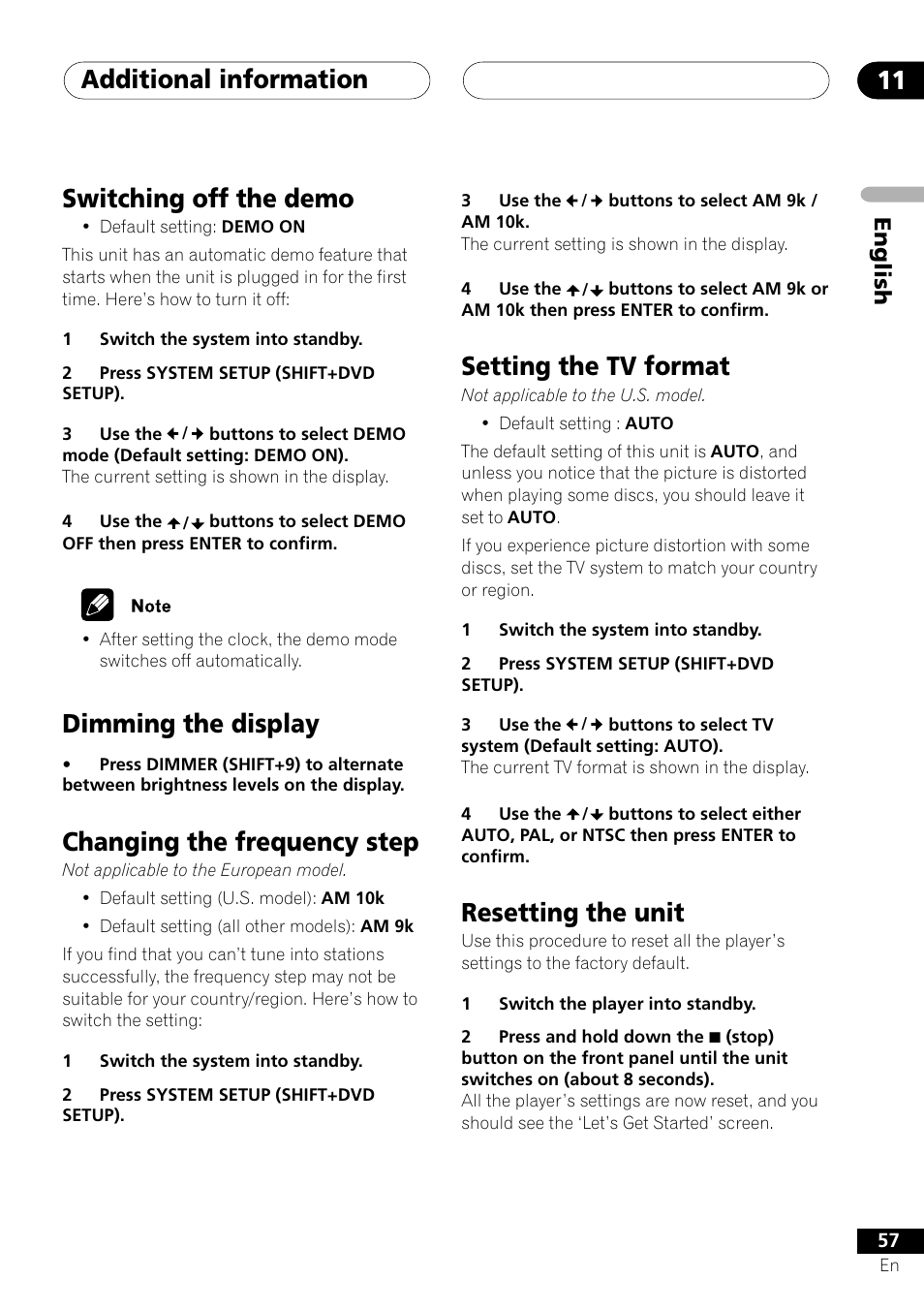 Additional information 11, Setting the tv format, Resetting the unit | Switching off the demo, Dimming the display, Changing the frequency step, English | Pioneer XV-DV505 User Manual | Page 57 / 76
