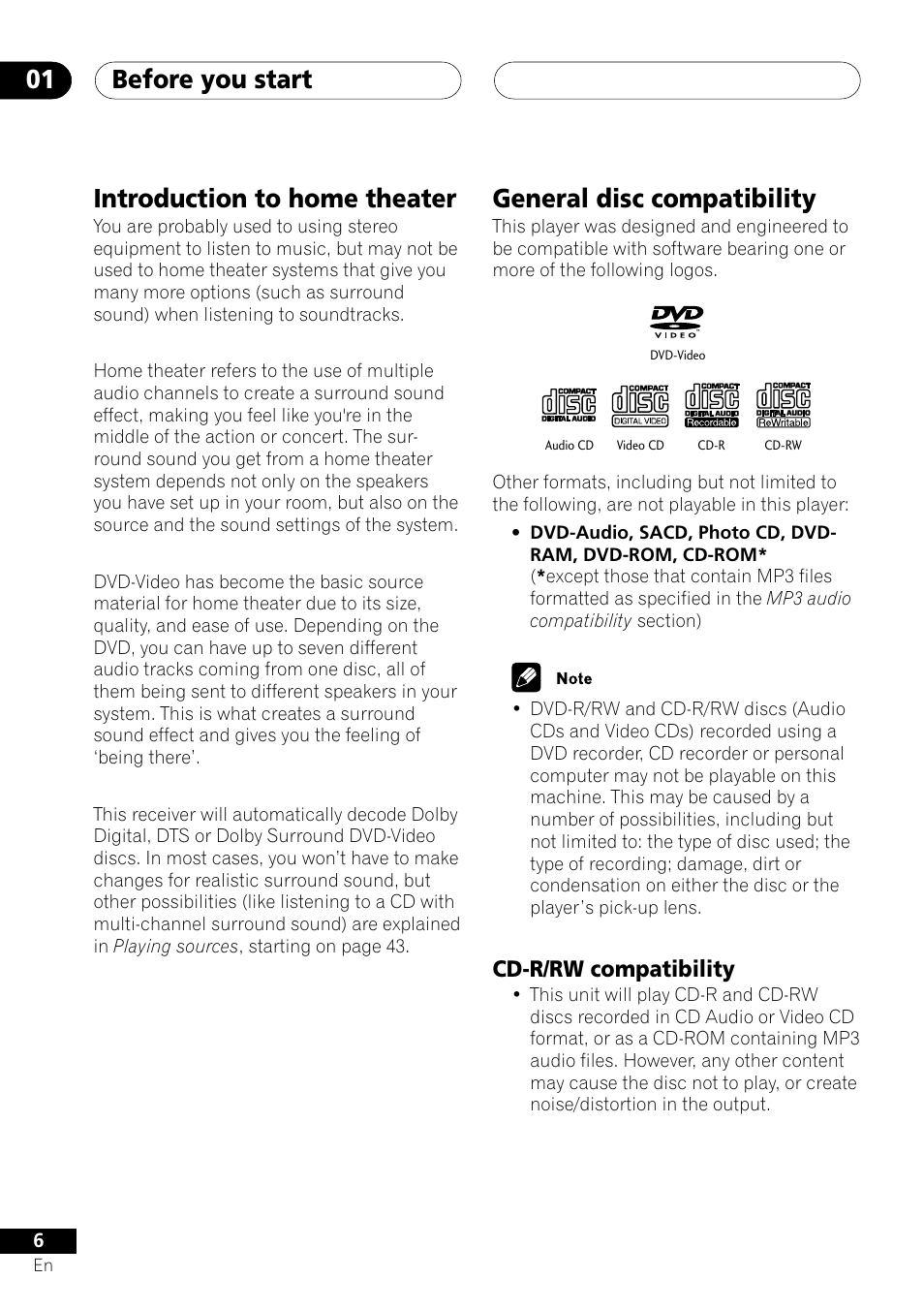 Cd-r/rw compatibility, Before you start 01, Introduction to home theater | General disc compatibility | Pioneer XV-DV505 User Manual | Page 6 / 76