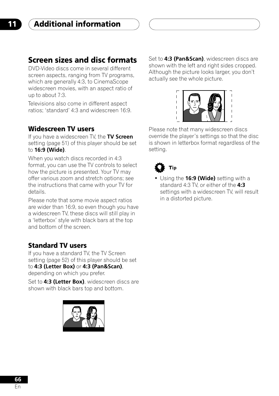 Screen sizes and disc formats, Widescreen tv users standard tv users, Additional information 11 | Pioneer XV-DV505 User Manual | Page 66 / 76