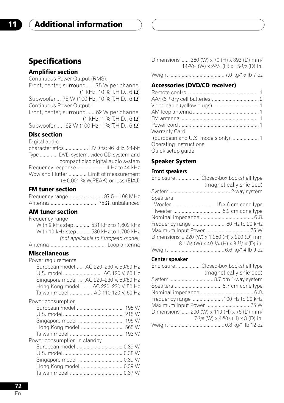 Specifications, Additional information 11 | Pioneer XV-DV505 User Manual | Page 72 / 76