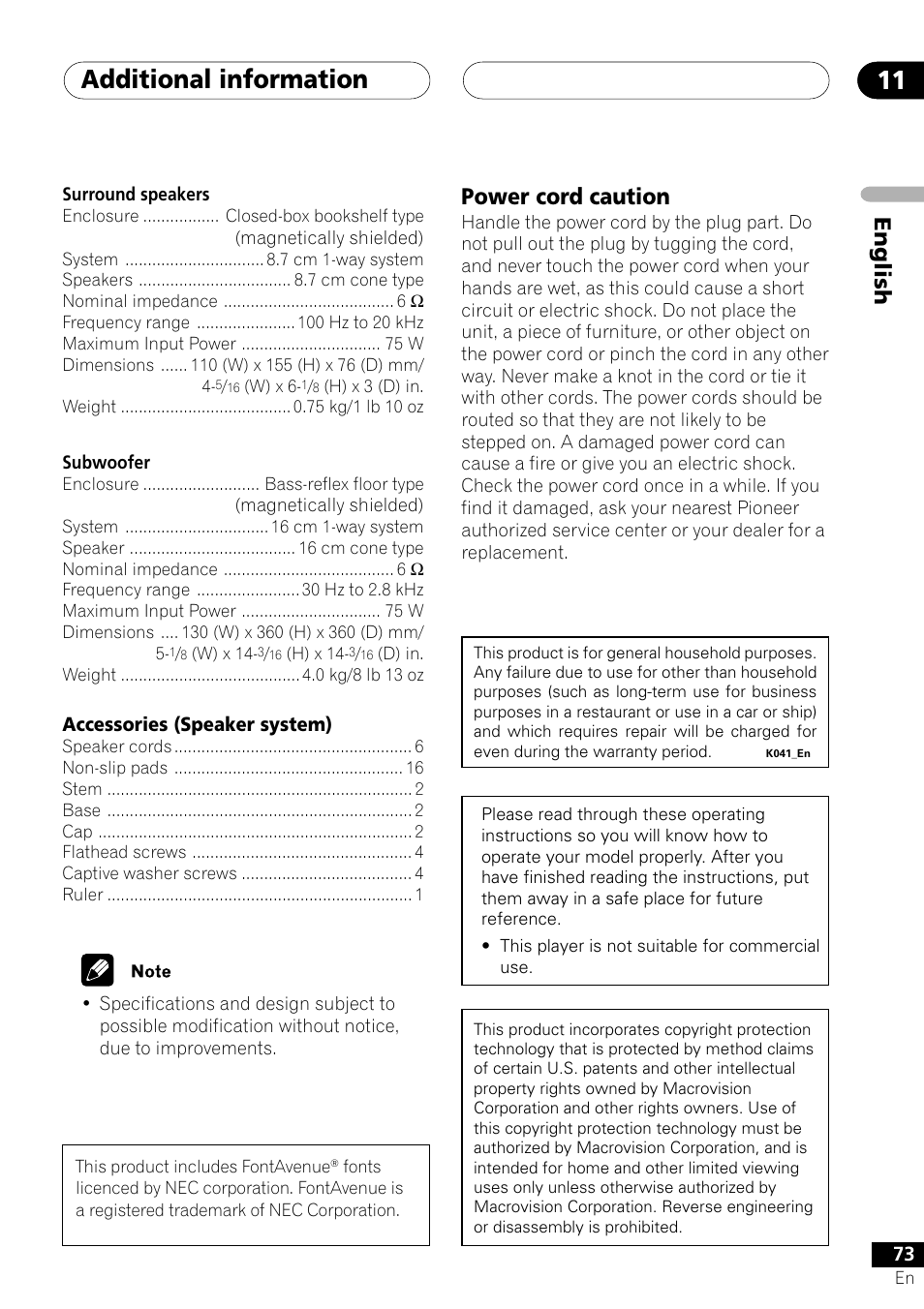 Power cord caution, Additional information 11, English | Pioneer XV-DV505 User Manual | Page 73 / 76