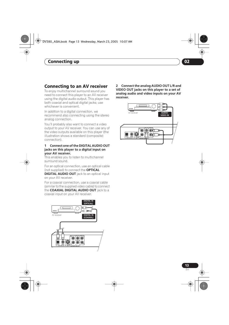 Connecting to an av receiver, Connecting up 02, Optical digital audio out | Coaxial digital audio out, Jack to a coaxial input on your av receiver | Pioneer DV-380-S User Manual | Page 13 / 44