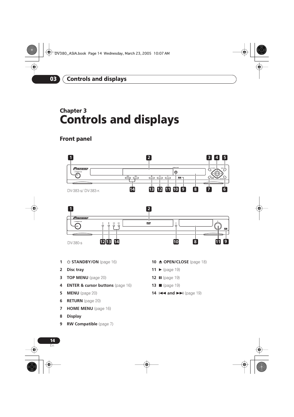 03 controls and displays, Front panel, Controls and displays | Controls and displays 03, Chapter 3 | Pioneer DV-380-S User Manual | Page 14 / 44