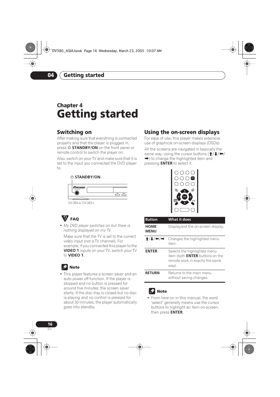 04 getting started, Switching on, Using the on-screen displays | Getting started, Getting started 04, Chapter 4 | Pioneer DV-380-S User Manual | Page 16 / 44