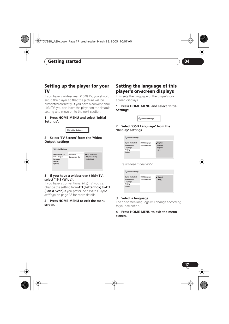 Setting up the player for your tv, Getting started 04 | Pioneer DV-380-S User Manual | Page 17 / 44