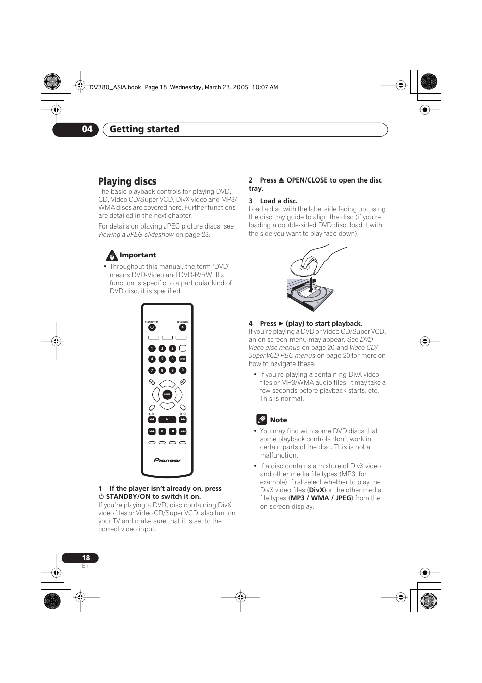 Playing discs, Getting started 04 | Pioneer DV-380-S User Manual | Page 18 / 44