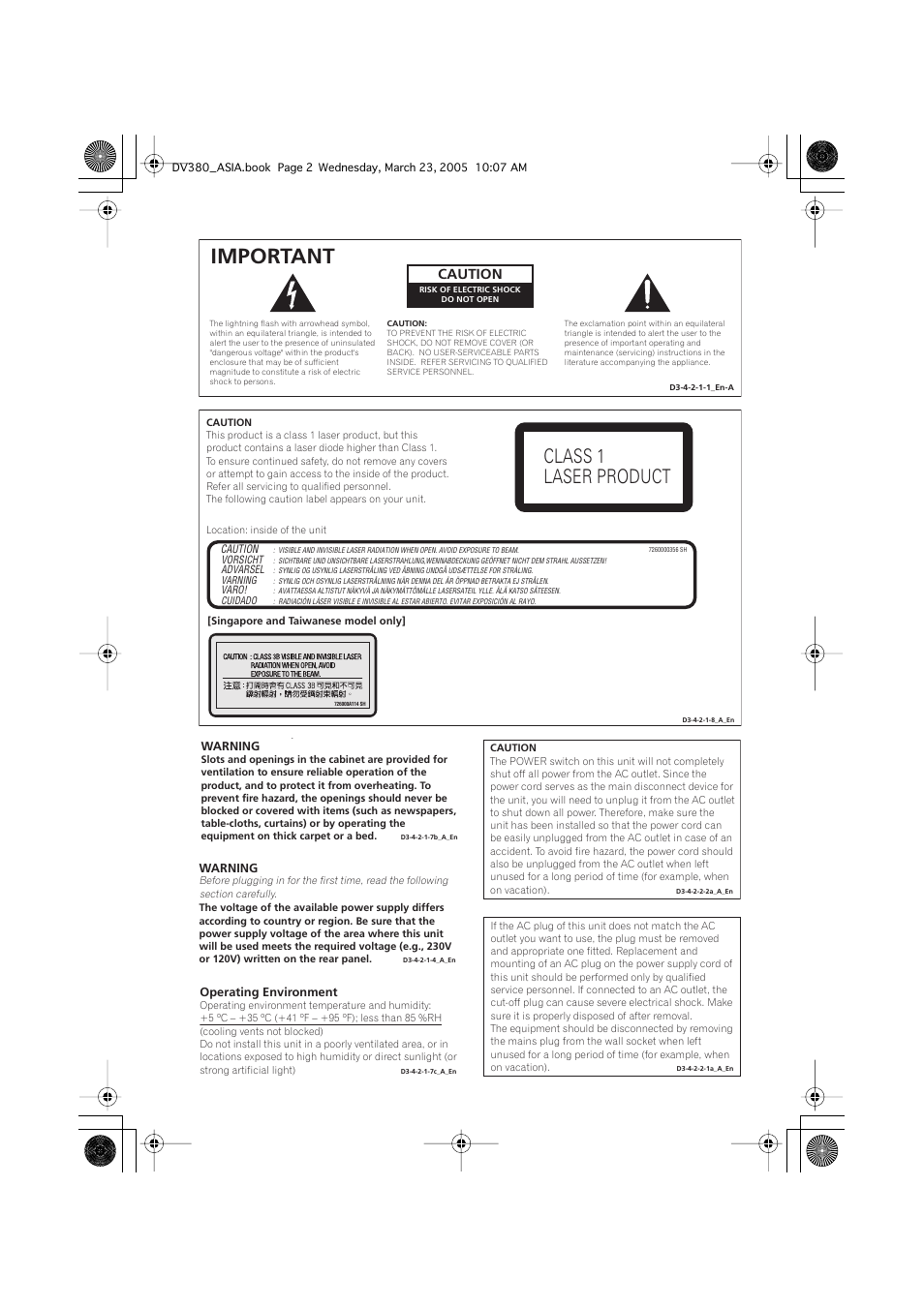 Important, Class 1 laser product, Caution | Pioneer DV-380-S User Manual | Page 2 / 44