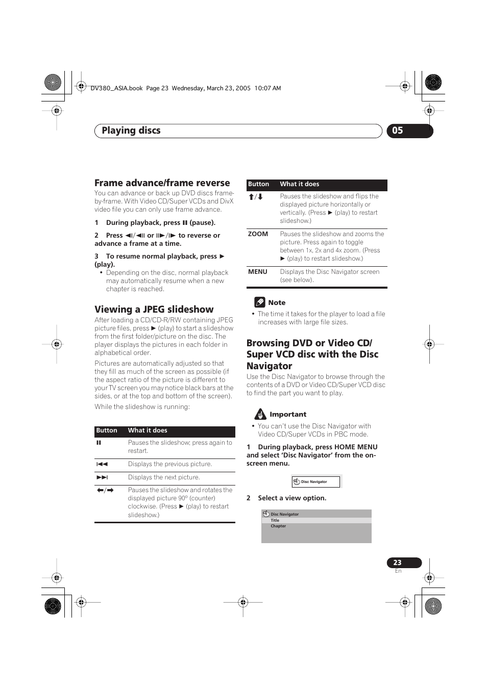 Frame advance/frame reverse, Viewing a jpeg slideshow, Playing discs 05 | Pioneer DV-380-S User Manual | Page 23 / 44