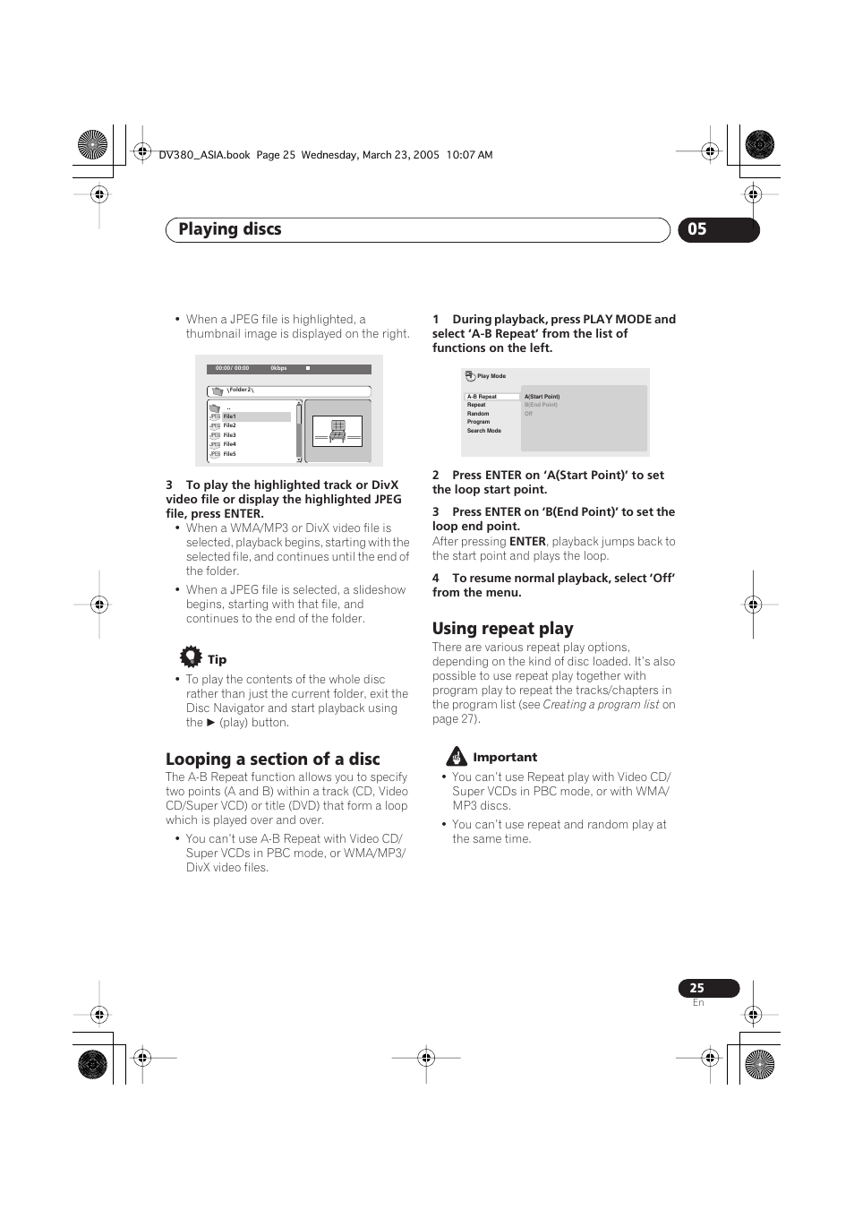 Looping a section of a disc, Using repeat play, Playing discs 05 | Pioneer DV-380-S User Manual | Page 25 / 44