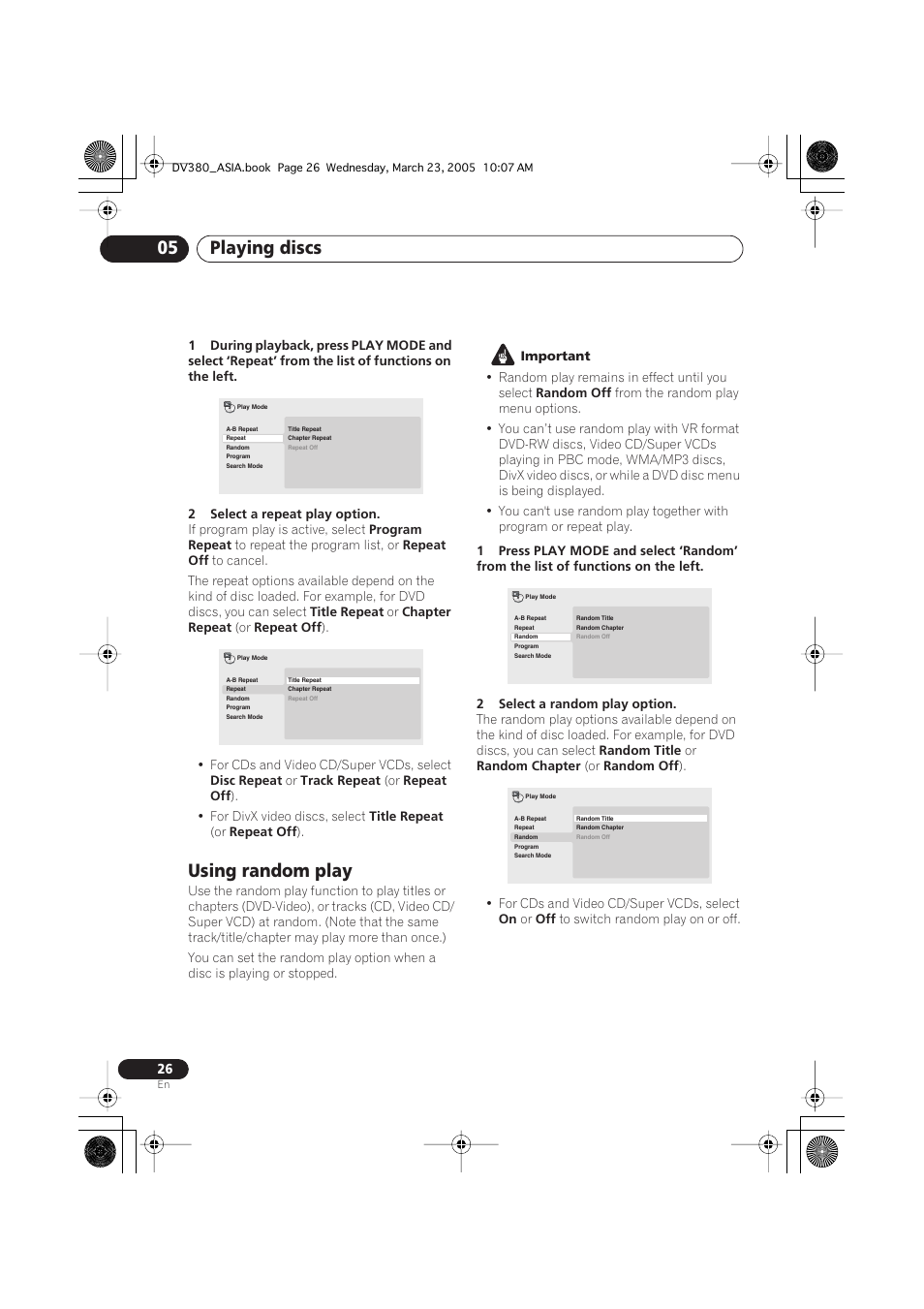 Using random play, Playing discs 05 | Pioneer DV-380-S User Manual | Page 26 / 44