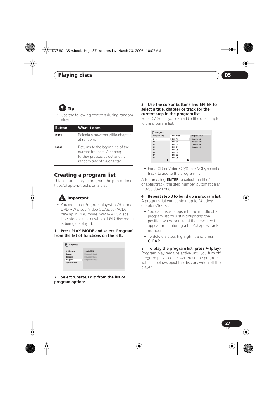 Creating a program list, Playing discs 05 | Pioneer DV-380-S User Manual | Page 27 / 44