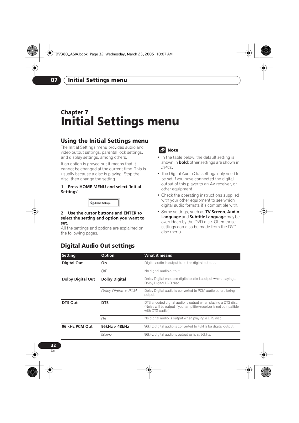 07 initial settings menu, Using the initial settings menu, Digital audio out settings | Initial settings menu, Initial settings menu 07, Chapter 7 | Pioneer DV-380-S User Manual | Page 32 / 44