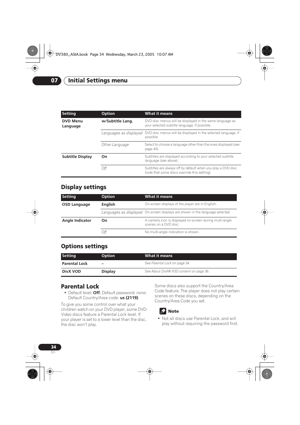 Display settings, Options settings, Parental lock | Initial settings menu 07, Display settings options settings parental lock | Pioneer DV-380-S User Manual | Page 34 / 44