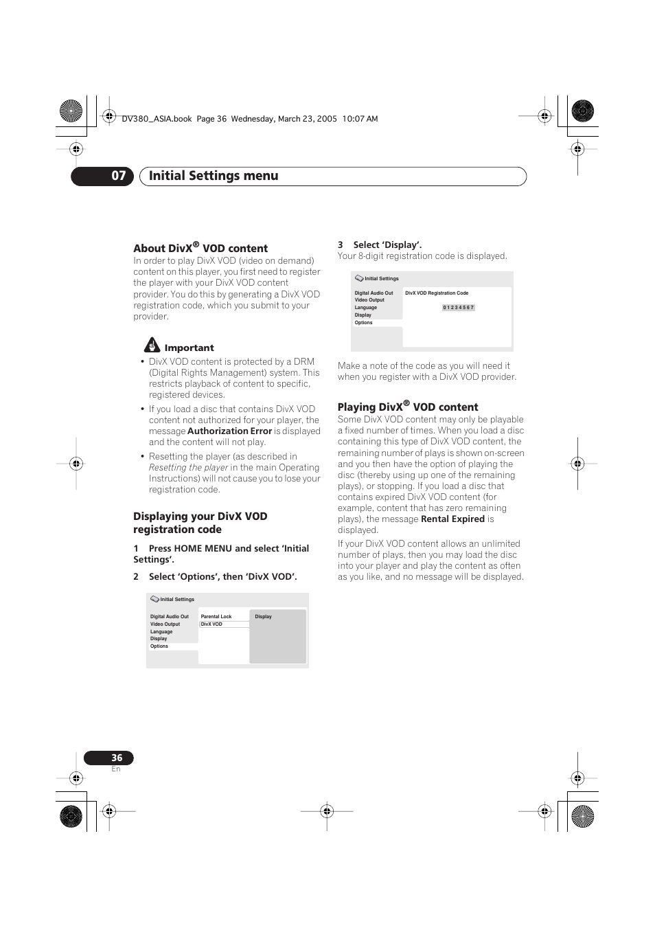 Initial settings menu 07, About divx, Vod content | Displaying your divx vod registration code, Playing divx | Pioneer DV-380-S User Manual | Page 36 / 44
