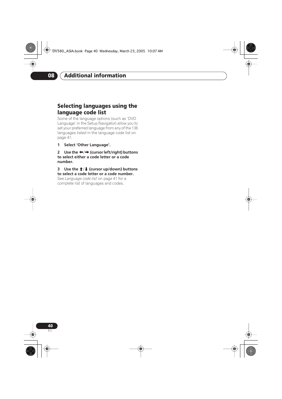 Selecting languages using the language code list, Additional information 08 | Pioneer DV-380-S User Manual | Page 40 / 44