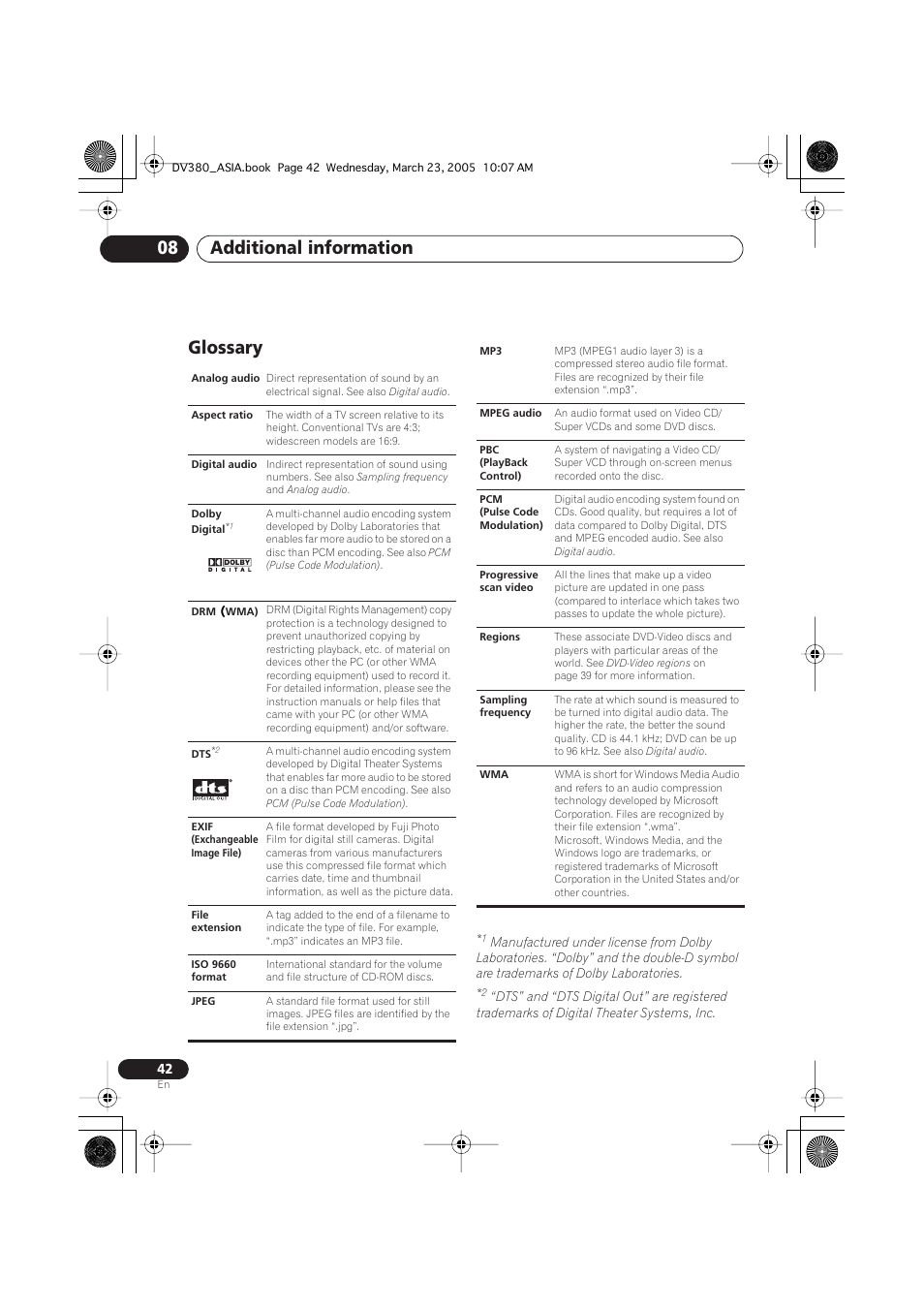 Glossary, Additional information 08 | Pioneer DV-380-S User Manual | Page 42 / 44
