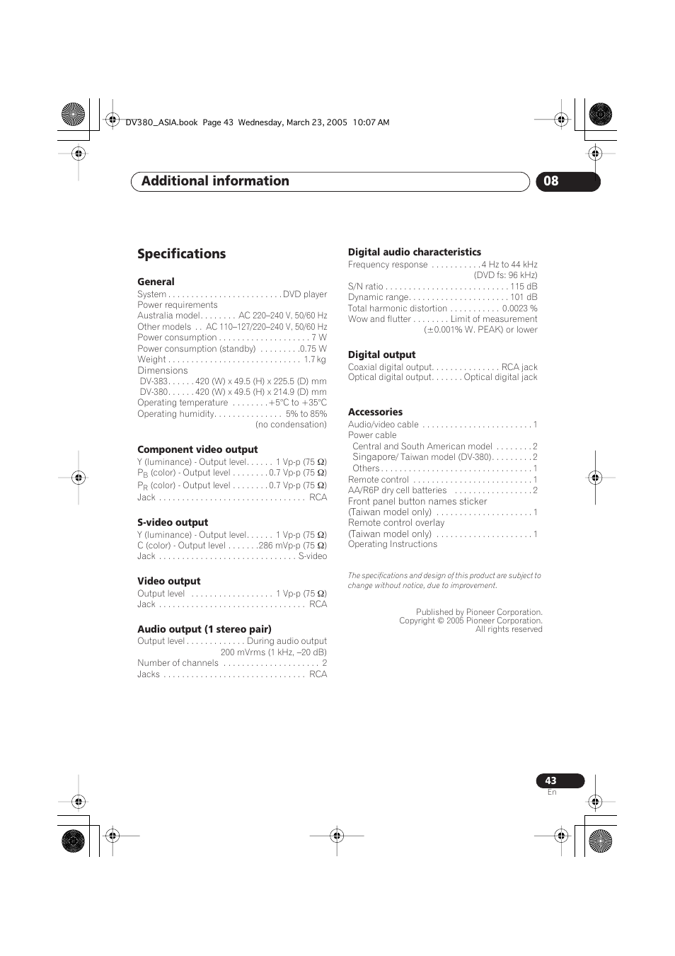 Specifications, Additional information 08 | Pioneer DV-380-S User Manual | Page 43 / 44