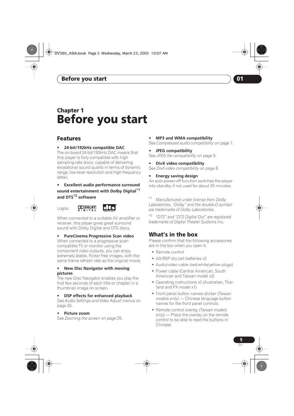 01 before you start, Features, What’s in the box | Before you start, Before you start 01, Chapter 1 | Pioneer DV-380-S User Manual | Page 5 / 44
