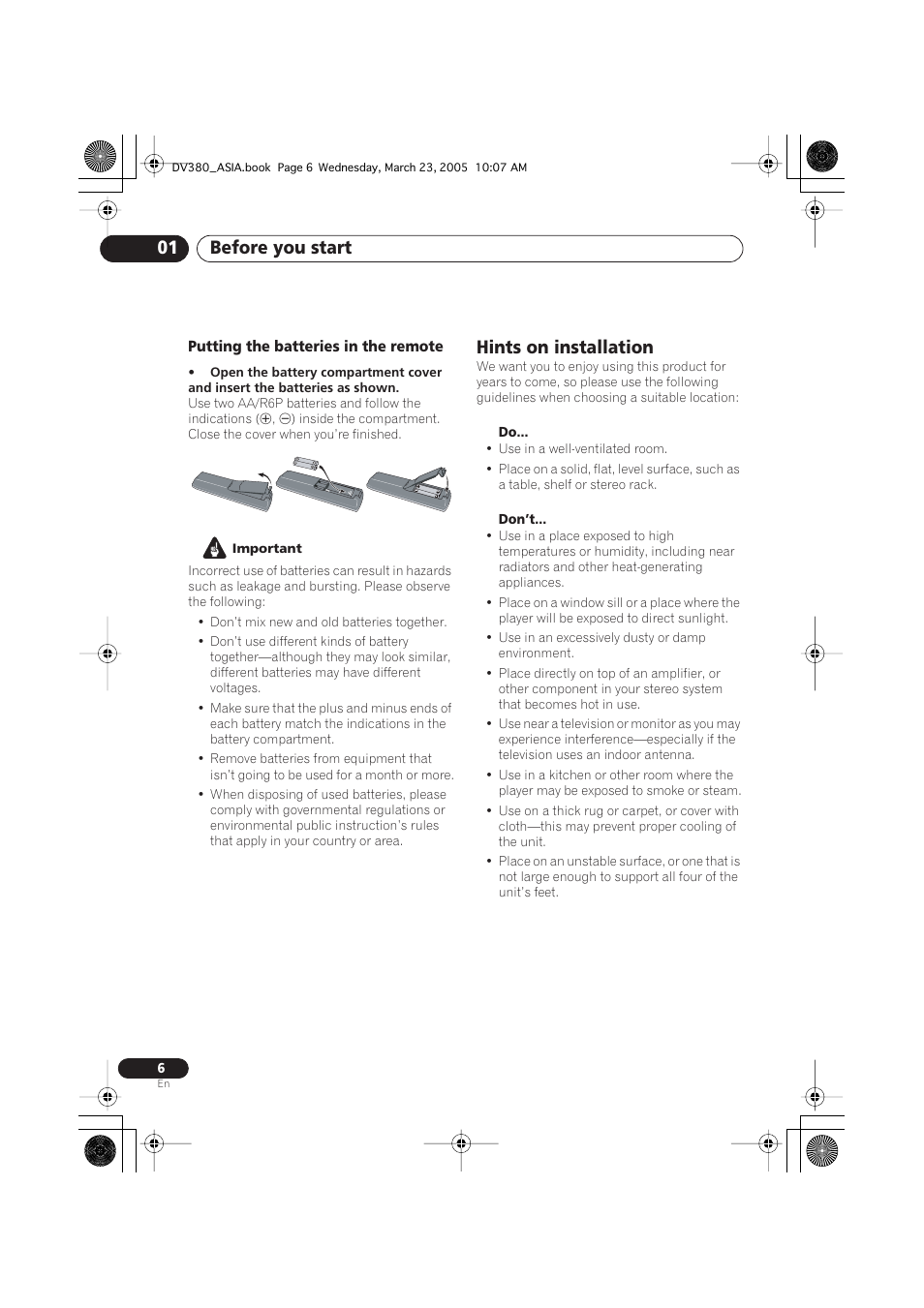 Hints on installation, Before you start 01 | Pioneer DV-380-S User Manual | Page 6 / 44