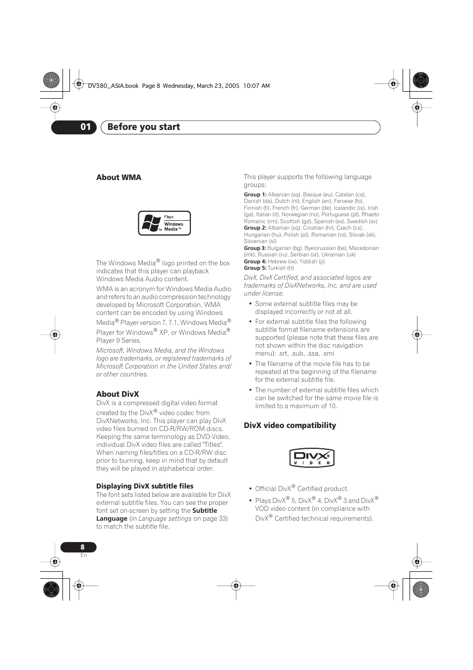 Before you start 01, About wma, About divx | Divx video compatibility | Pioneer DV-380-S User Manual | Page 8 / 44