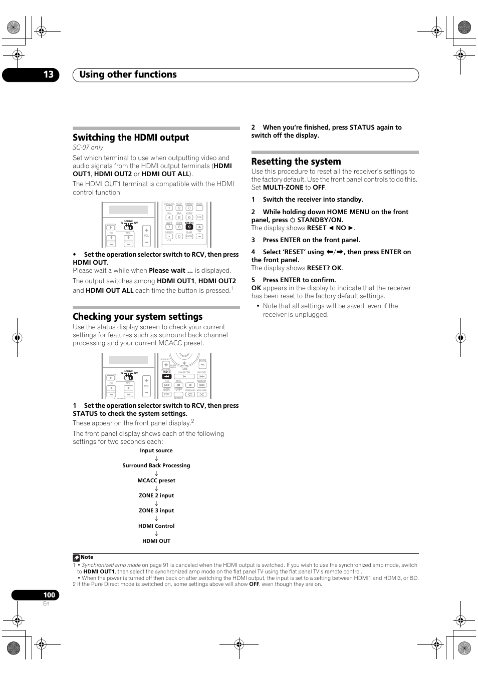 Using other functions 13, Switching the hdmi output, Checking your system settings | Resetting the system | Pioneer Elite SC-07 User Manual | Page 100 / 138